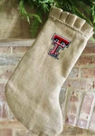Texas Tech Embroidered Burlap Christmas Stocking By Glory Haus Raiders Decor. Fixed Price $25.00.