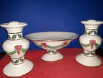 International Silver Candy Dish Candle Holders Holly Christmas Ceramic Gold Rim. Fixed Price $14.99.