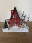11.5" Raz Lighted Paper Putz House Snowman Tree Vintage Christmas Village Decor. Fixed Price $89.95.