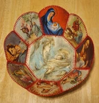 Vintage Greeting Card Basket/bowl Hand Stitched Christmas/religious Theme. Fixed Price $25.00.