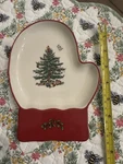 Spode Christmas Tree Mitten Candy Dish Red 7.25". Fixed Price $49.95.
