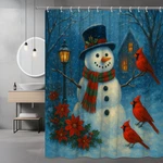 Christmas Snowman Shower Curtain With Cardinals And Poinsettias. Fixed Price $19.99.