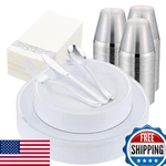 Isfangco 350 Pcs Plastic Dinnerware For Guests,silver And White Dispos. Fixed Price $86.76.