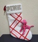 Victorias Secret Pink Sherpa Striped Christmas Stocking With & Gray Dog Set. Fixed Price $39.99.