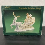 Heritage Porcelain Reindeer Sleigh, Gold Accents, Hand Painted Christmas Holiday. Fixed Price $45.00.