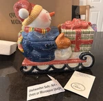 Snowman On Sled Ceramic Cookie Candy Jar By Valerie Parr Hill. Fixed Price $31.49.