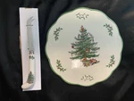 Vtg Spode Christmas Tree Appetizer Plate (9.0") With Knife (7.8") In Orig Box. Fixed Price $19.99.