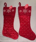 New Set Of 2 Holiday Time Christmas Red Velvet Silver Snowflake Stocking 18". Fixed Price $15.00.