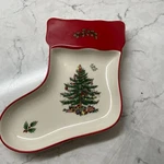 Spode Christmas Tree Red Trim Stocking Dish 7" Earthenware Serving Holiday Decor. Fixed Price $34.14.