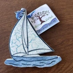 Pampeana Glass Art Sailboat Ornament Hand Painted Green Living Tree. Fixed Price $16.99.