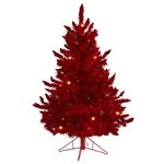 4' Red Flocked Fraser Fir Artificial Christmas Tree, Globe Bulbs, Bendable. Fixed Price $183.19.