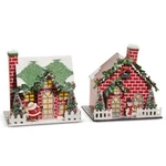 SET/2 7" Raz Lighted Brick Paper Putz House Santa Vntg Christmas Village Decor. Fixed Price $89.95.
