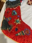 Vintage Christmas Red Velvet Stocking Sequin Bead Star Bell Tree Heart Ornament. Fixed Price $24.99.