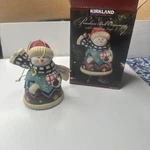 Vintage Kirkland Porcelain Skating Snowman Bell Ornament Box 4.75"L, Euc. Fixed Price $19.99.