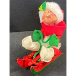 Vintage Christmas Elf Pixie Doll On Red Wooden Sled Felt Clothes Retro Holiday. Fixed Price $12.50.