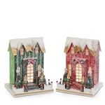 SET/2 10.5" Raz Lighted Paper Stripe Putz House Glitter Vntg Christmas Village. Fixed Price $119.95.