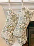 Set Of 2 Pier 1 White & Silver Iridescent Snowflake Beaded Christmas Stockings. Fixed Price $100.00.