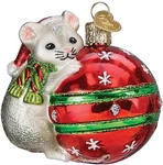Playful Christmas Mouse Glass Hanging Ornament. Fixed Price $34.99.
