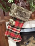 21 Stocking Faux Fur Christmas Holiday Lined Red & Black Tartan Plaid Poms. Fixed Price $19.99.