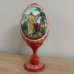 Russian Hand Painted 3 Scene Religious Wooden Egg Pedestal Signed 8.25. Fixed Price $65.95.