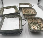 Temp-tations Old World Green 5 Pc Square Baker Bowl Set W/ Metal Racks Ceramic. Fixed Price $83.30.