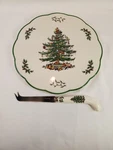 Spode Christmas Tree Porcelain Cheese Trivet Dish Plus Knife New No Box. Fixed Price $21.00.