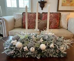 Handcrafted White Flocked Pine Candelabra Christmas Centerpiece Candles. Fixed Price $85.00.