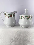 Vtg China Pearl Noel Christmas Holly Berry Creamer Pitcher & Sugar Bowl Gold Rim. Fixed Price $11.96.