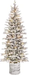 Puleo International 7.5' Pre-lit Potted Flocked Arctic Fir Pencil Christmas Tree. Fixed Price $214.00.
