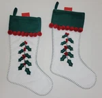 Lot Of 2 White Red Green Holly Leaves & Berries Christmas Stocking Stitched Edge. Fixed Price $20.65.