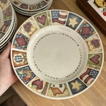 Multicolor Patchwork Ceramic Country Dinner & Salad Plates Set, Round, Used. Fixed Price $50.00.