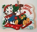 Dog And Cat On Red Sled, Merry * Glitter Wood Christmas Ornament Vtg Img. Fixed Price $10.50.