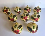 Beautiful Lot 9 Mirrored Glass Holly Berry 4" Christmas Ball Ornaments Gold Trim. Fixed Price $29.00.