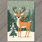 Art Print Christmas Reindeer Snowy Scene Festive Holiday Lights Ornaments. Fixed Price $11.99.