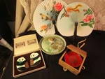 Vtg. Lot Asian Fans-bowls-panda Combs In Box. Fixed Price $9.50.