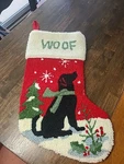 Glitzhome Hooked Christmas Stocking, Black Dog Winter Scene, Woof. Fixed Price $21.99.