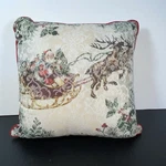 Woven Tapestry Christmas Santa Sleigh Reindeer Accent Pillow White Red Trim. Fixed Price $18.99.