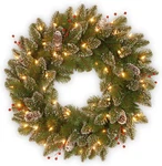 24" Pre-lit Glittery Mountain Spruce Christmas Wreath With Pine Cones & Berries. Fixed Price $106.99.