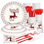 140-PC Christmas Disposable Tableware Set For 20 Guests Reindeer Themed Par.... Fixed Price $37.07.