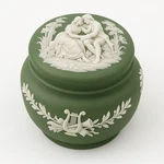 Wedgwood Green Jasperware Round Box High Relief Classical Scene. Fixed Price $154.77.