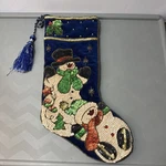 Vintage Blue Velvet Christmas Stocking Beaded Sequin Snowmen Holiday #2. Fixed Price $39.00.