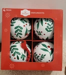 Holiday Time Christmas Bauble Ornaments Set Of 4 White Green Red Leaf Round. Fixed Price $21.00.