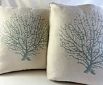 Set Of 2 Coastal Coral Throw Pillows Aqua Seafoam Nautical Beach Decor 19X19 In. Fixed Price $44.99.