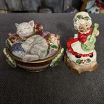 Fitz Floyd Cat 6" Trinket Box/candy Dish With Lefton Music Mrs Claus. Fixed Price $25.00.