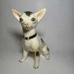 Vintage Chihuahua Dog Ceramic Figurine Statue White Black Spotted 7.5 Tall. Fixed Price $28.00.