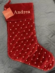 New Pottery Barn Jeweled Velvet Christmas Stocking Red Monogram Andrea. Fixed Price $34.99.