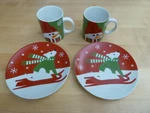 Crate & Barrel Snack Sets Grn/red Xmas Snowman 12OZ Mug/dog On Sled 7.5" Plate. Fixed Price $37.99.