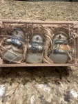 Set 0F 3 Pier 1 Imports Christmas Ceramic Bell Ornaments Snowmen In Wooden Crate. Fixed Price $30.00.