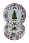 6 Potter's Studio Christmas Tree Plate Set Holiday Pink Trim DESSERT,8.5", New. Fixed Price $79.99.