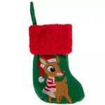 Rudolph The Red Nosed Reindeer Christmas Stocking Green Faux Cuff 9". Fixed Price $12.99.